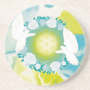 Weiße Tauben Flower of Life Heilige Geometrie Getränkeuntersetzer