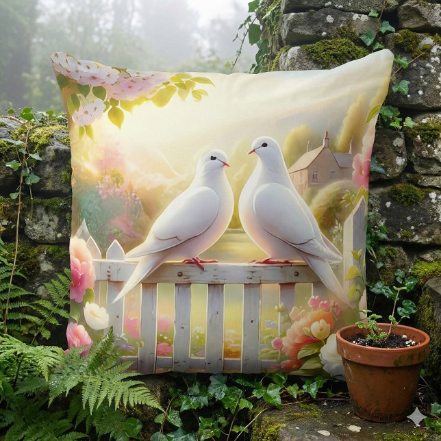 Weiße-Tauben-Landhausgarten Kissen (White Doves Cottage Garden Throw Pillow Mockup A)