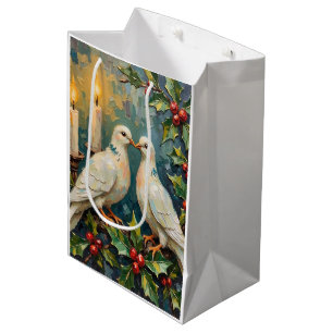 Weiße Tauben und Stechpalmen-Girlande Weihnachten  Mittlere Geschenktüte