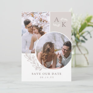 Weiße Taupe-Grünpflanzen überlappende Fotos Save The Date