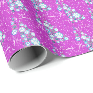 Weiße Tierpfade Rosa und Blauer Weihnachtsbaum Ros Geschenkpapier