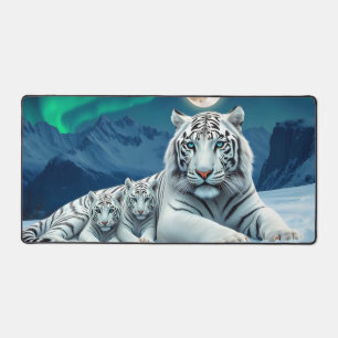 Weiße Tiger- und Babyjungen im Schnee Schreibtischunterlage