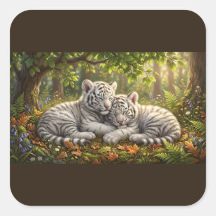Weiße Tigerbabys – Waldserenität Quadratischer Aufkleber
