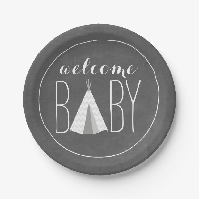 Weiße Tipi-Baby-Dusche - Kreide inspiriert Pappteller (Vorderseite)