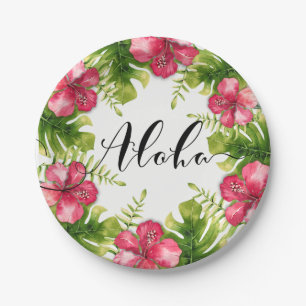 Weiße Tropische Hibiskusblätter ALOHA Hochzeitsfei Pappteller