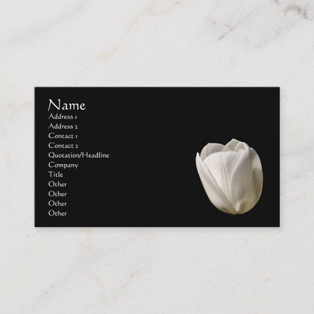 Weiße Tulip-Blume auf der schwarzen Visitenkarte (Vorderseite)