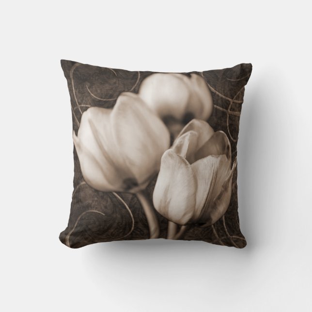 Weiße Tulip-Blume Sepia Schwarzer Hintergrund Blüt Kissen (Vorderseite)