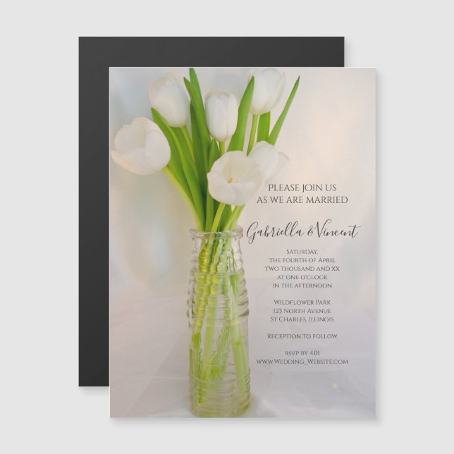 Weiße Tulips in Milchflaschen Hochzeit Magneteinladung (Vorne/Hinten)