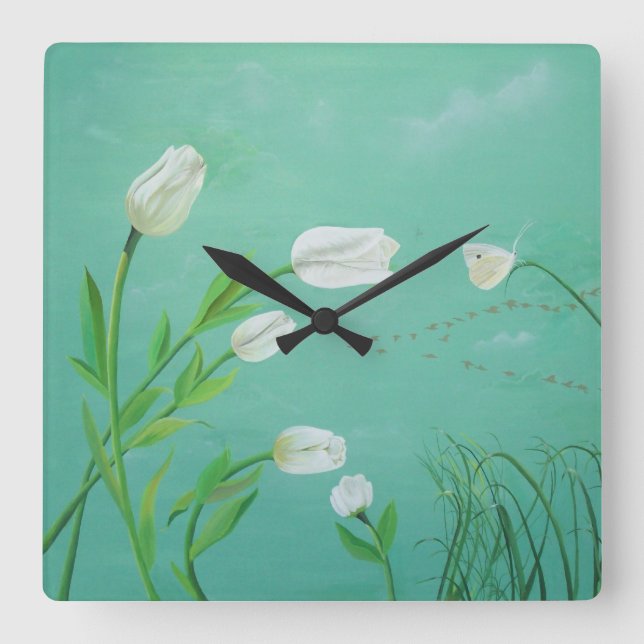 Weiße Tulpe-Uhr Quadratische Wanduhr (Vorderseite)