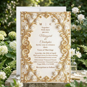 Weiße Tulpen Barock Üppige Goldene Blumen Hochzeit Einladung