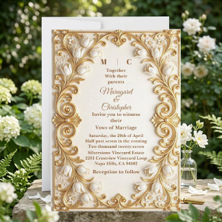 Weiße Tulpen Barock Üppige Goldene Blumen Hochzeit Einladung