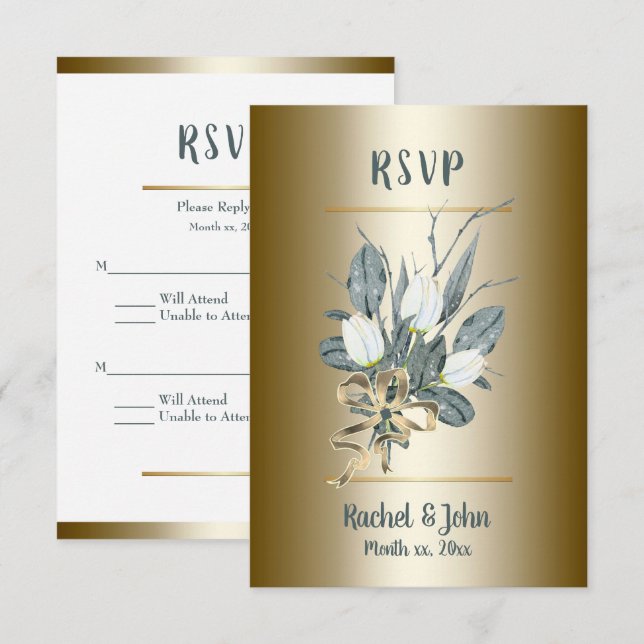 Weiße Tulpen mit Gold, Hochzeit RSVP Karte (Vorne/Hinten)