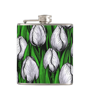 Weiße Tulpen mit grünen Blätter Flachmann