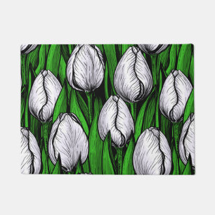 Weiße Tulpen mit grünen Blätter Fußmatte