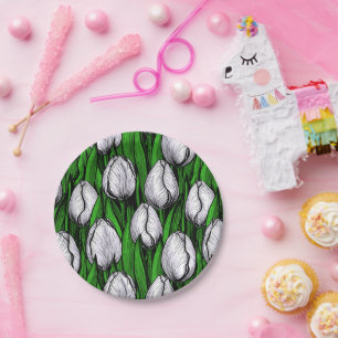 Weiße Tulpen mit grünen Blätter Pappteller