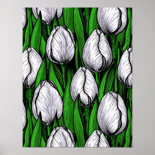 Weiße Tulpen mit grünen Blätter Poster
