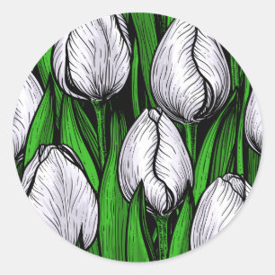 Weiße Tulpen mit grünen Blätter Runder Aufkleber