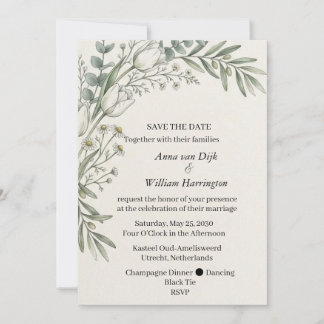 Weiße Tulpen-Olivgrün-Save-the-Date-Einladung Einladung