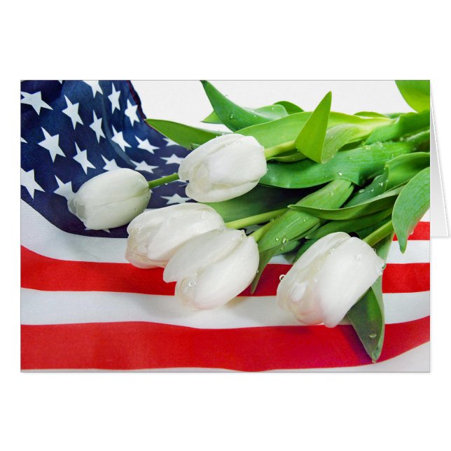weiße Tulpen unter amerikanischer Flagge (Vorderseite (Horizontal))