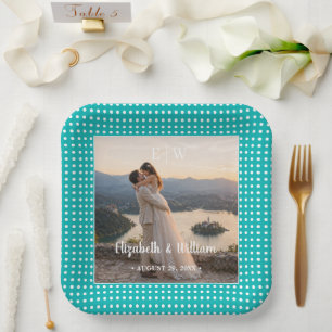 Weiße Tupfen auf Türkis – Personalisierte Hochzeit Pappteller