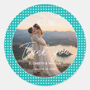 Weiße Tupfen auf Türkis – Personalisierte Hochzeit Runder Aufkleber