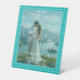 Weiße Tupfen auf Türkis – Personalisierte Hochzeit Sockelschild