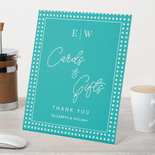 Weiße Tupfen auf Türkis – Personalisierte Hochzeit Sockelschild