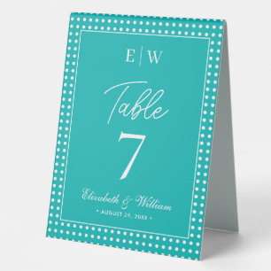 Weiße Tupfen auf Türkis – Personalisierte Hochzeit Tischaufsteller