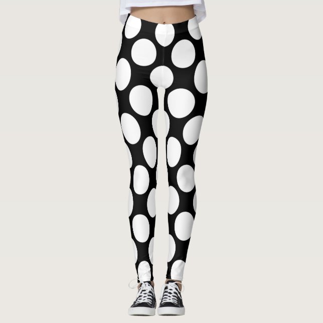Weiße Tupfen groß auf Schwarzem Leggings (Vorderseite)