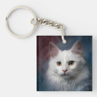 Weiße Türkische Angora-Katze Rot Blau Schlüsselanhänger