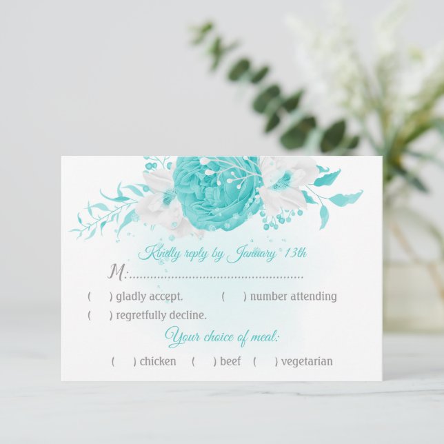 Weiße türkisfarbene Blume botanisch mit Speisekart RSVP Karte (Stehend Vorderseite)