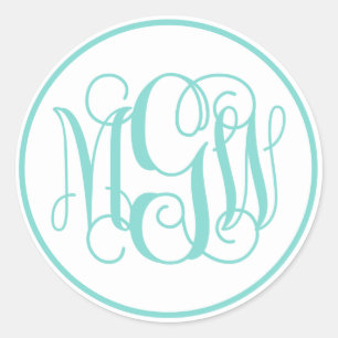 Weiße Turq Aqua Rebe Schrift Monogramm, DIY BG Runder Aufkleber