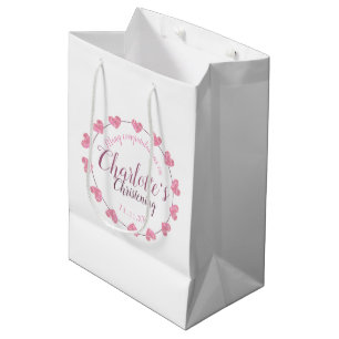Weiße u. rosa Blumenbabymädchen-Taufgeschenktasc Mittlere Geschenktüte