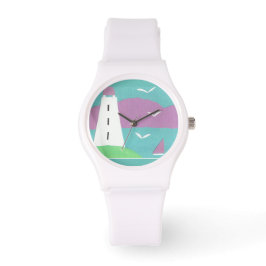 Weiße Uhr mit Leuchtturmdesign