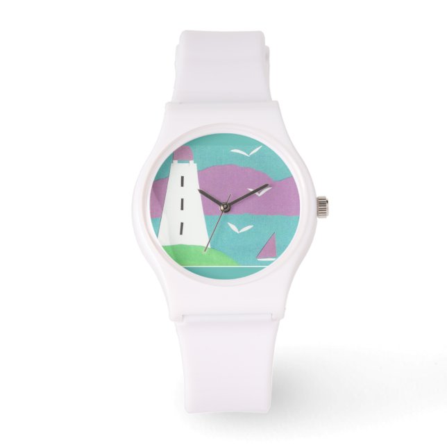 Weiße Uhr mit Leuchtturmdesign (Vorderseite)