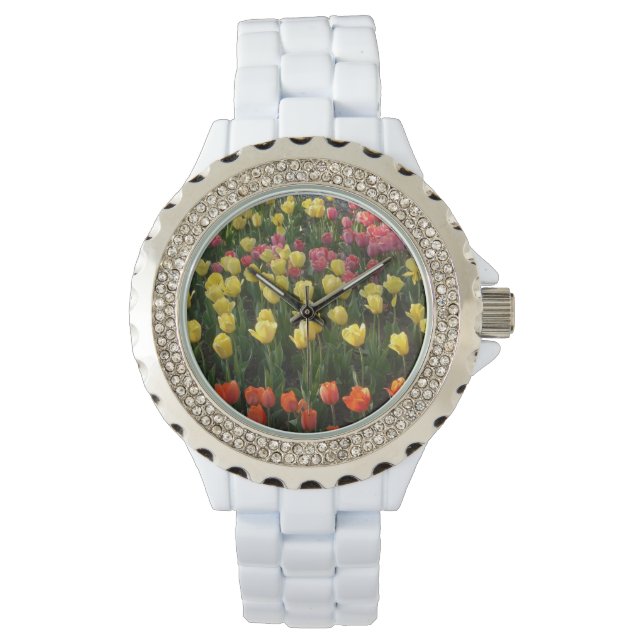Weiße Uhr mit mehrfarbigen Tulpen (Vorderseite)