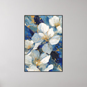 Weiße und blaue Blumen mit goldenen Adern – Abstra Leinwanddruck