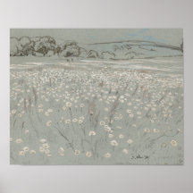 Weiße und blaue Blumenfeld-Vintage-Kunst druck