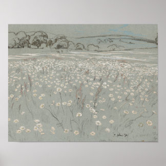 Weiße und blaue Blumenfeld-Vintage-Kunst druck Poster