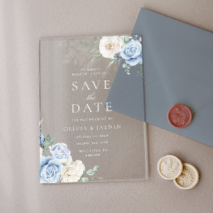 Weiße und blaue Blumenhochzeit retten das Datum Acryleinladungen