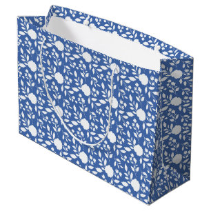 Weiße und blaue Blüten große Geschenktasche Geschenktüte