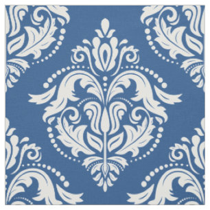 Weiße und blaue florale Damastgeometrische Muster Stoff