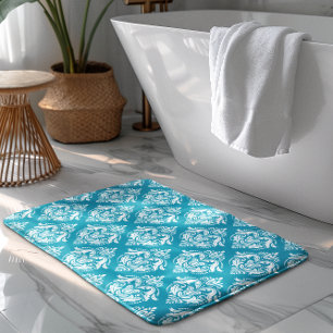 Weiße und blaue florale Damastmuster Badematte