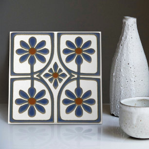 Weiße und blaue Gänseblümchen Art Deco Wanddekorat Fliese