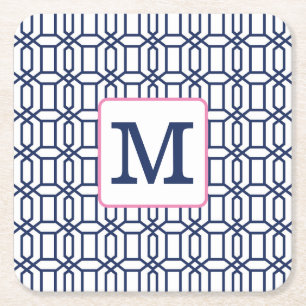 Weiße und blaue Oktogon-Monogramm-Vorbereitung Rechteckiger Pappuntersetzer