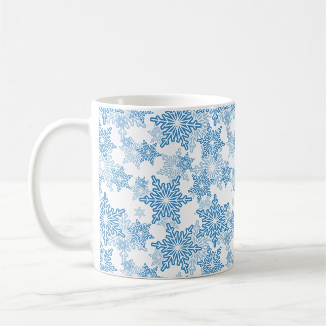 Weiße und blaue Schneeflocke Nahtloses Muster Kaffeetasse (Links)