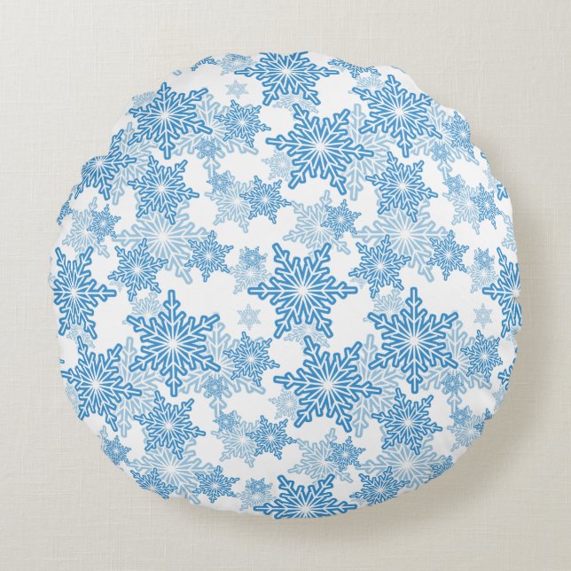 Weiße und blaue Schneeflocke Nahtloses Muster Rundes Kissen (Vorderseite)