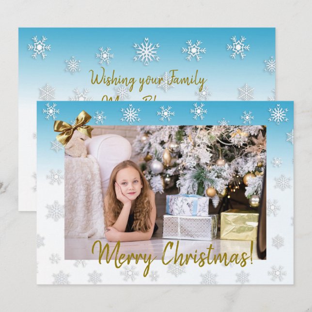 Weiße und blaue Schneeflocken Elegante Weihnachten Karte (Vorne/Hinten)