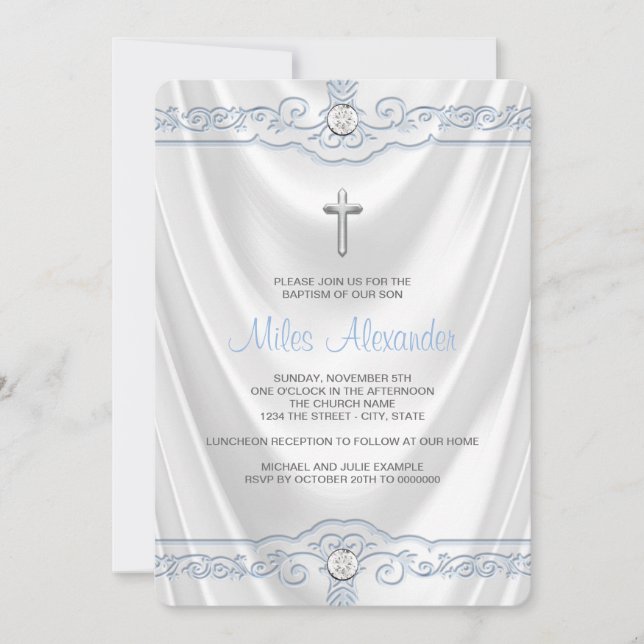 Weiße und blaue Taufe Christening White Satin Einladung (Vorderseite)