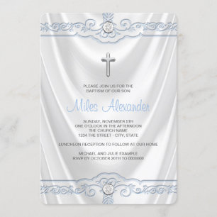 Weiße und blaue Taufe Christening White Satin Einladung